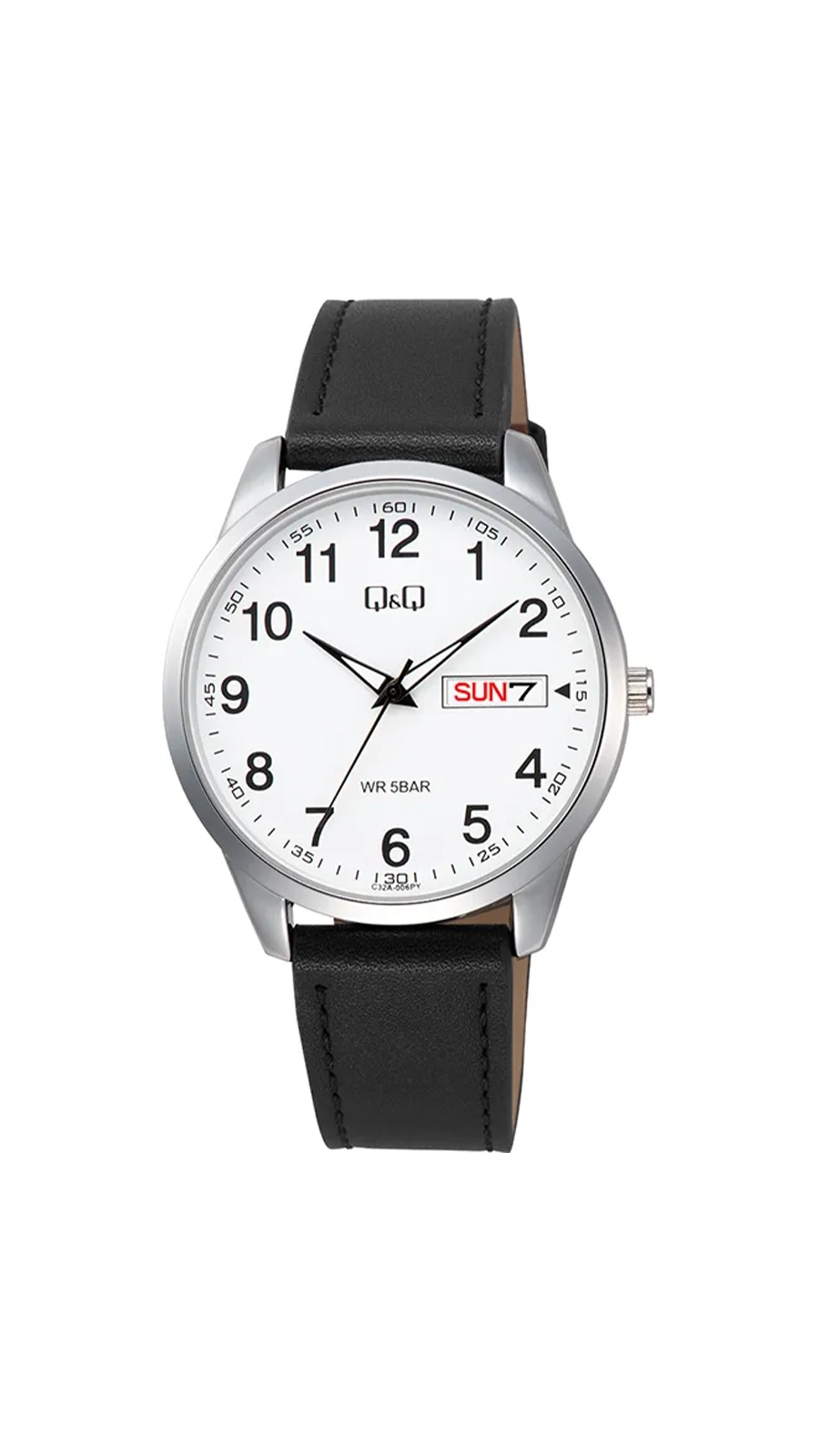 ساعت مردانه کیو اند کیو C32A-006PY با صفحه سفید، اعداد مشکی درشت، تقویم روز و هفته و بند چرم مصنوعی مشکی